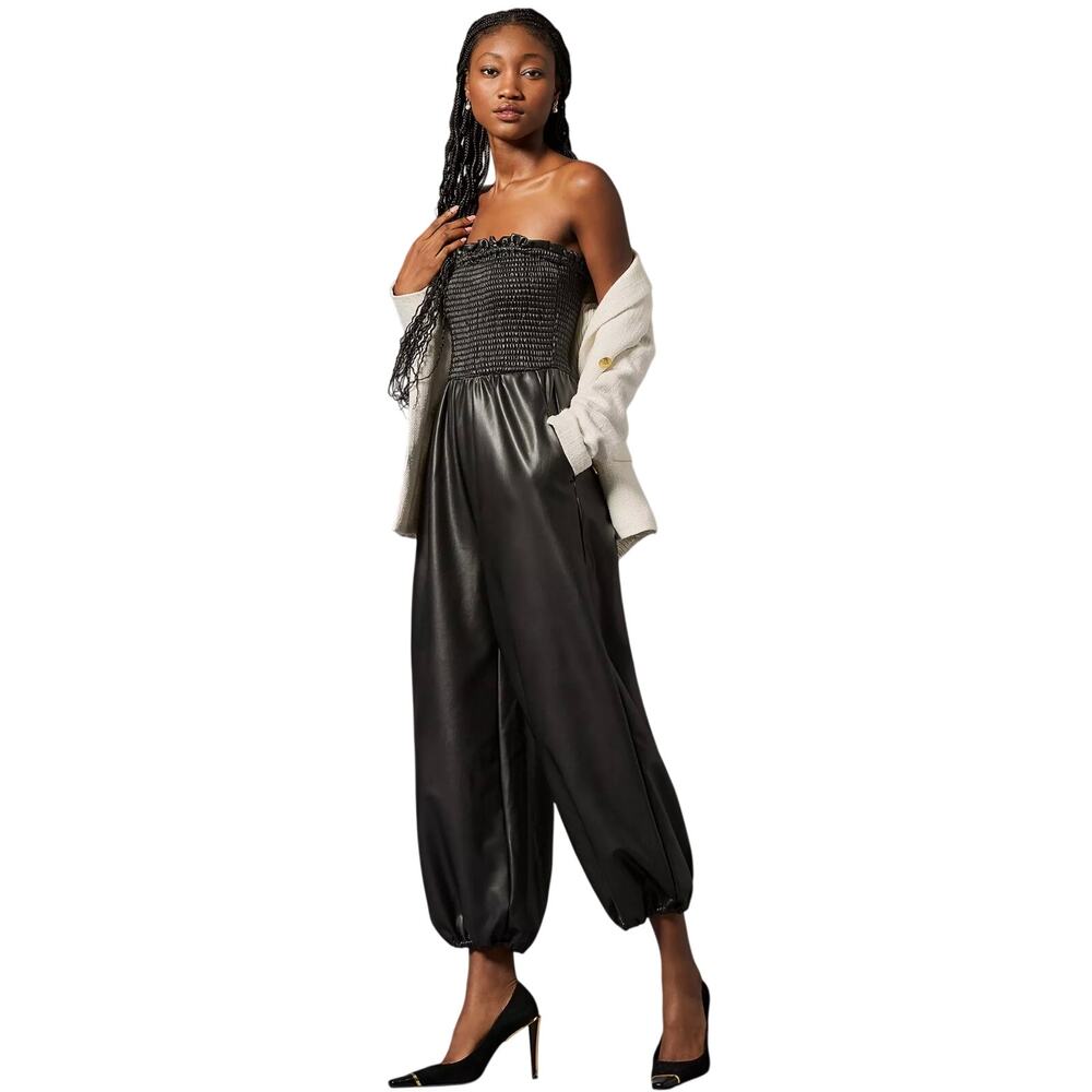Anthropologie Black Faux Leather Strapless Smocked Jumpsuit Size S Balloon Leg